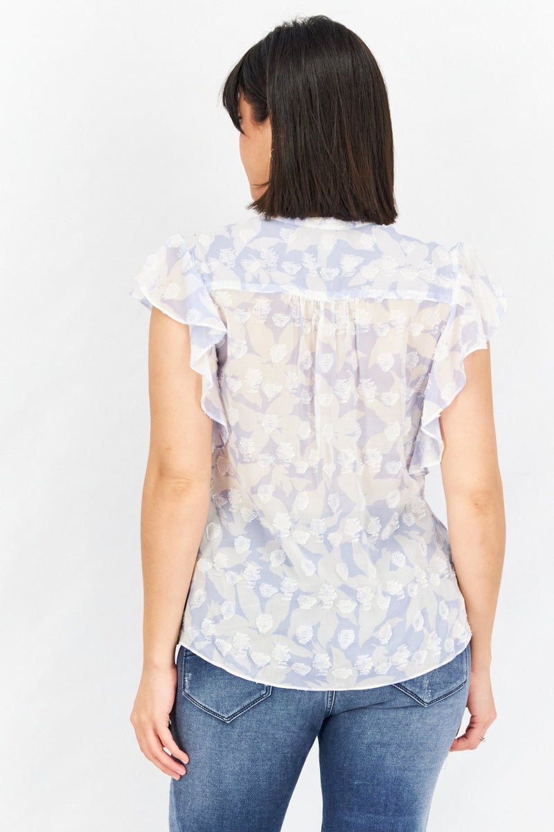 joie Women V-Neck Flutter Sleeve Allover Print Tops, Light Blue /White - Image 3